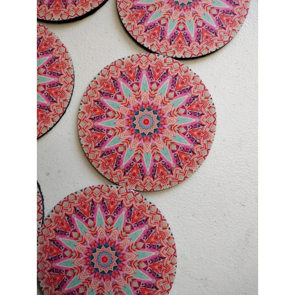 New 6pc Mandala Star Absorbent Rubber Drink Coasters Pink Teal‎ Bohemian 4 Inch